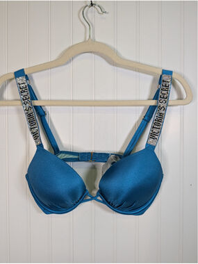 Victoria's Secret Bombshell Shine Strap Push Up Bra Teal Blue 32C NWOT